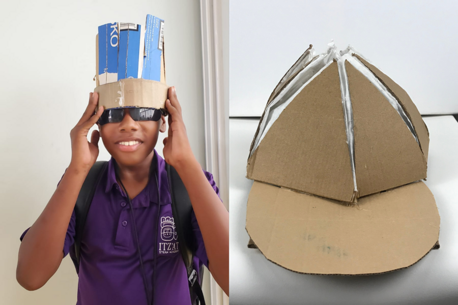 20231113 Itzat STEAM Academy - Izaya Lovell and cardboard hat