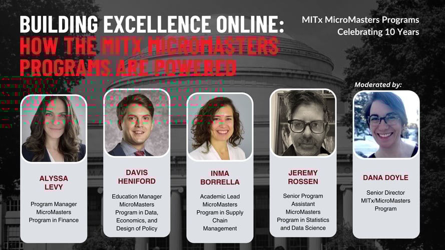 Portraits of Alyssa Levy, Davis Heniford, Inma Borrella, Jeremy Rossen, and Dana Doyle superimposed on a picture of the MIT Killian Hall. MITx MicroMasters Programs Celebrating 10 Years. Building Excellence online: How the MITx MicroMasters Programs are powered.