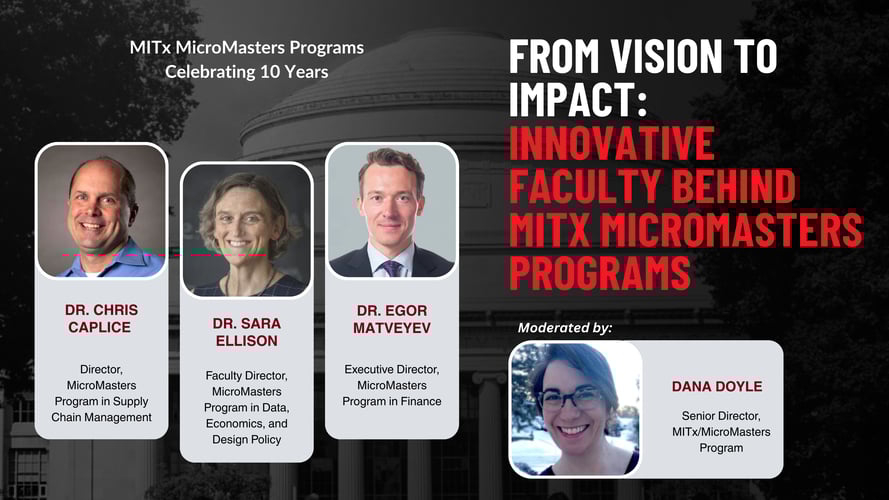 Portraits of Dr. Chris Caplice, Dr. Sara Ellison, Dr. Egor Matveyev, and Dana Doyle superimposed on a picture of the MIT Killian Hall. MITx MicroMasters Programs Celebrating 10 Years. From vision to impact: Innovative faculty behind MITx MicroMasters Programs.
