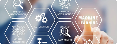 A person touching a screen with icons and the words: machine learning, artificial intelligence, problem solving, data mining, automation, algorithm, pattern recognition, and neural networks.