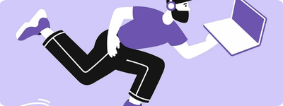 Purple illustration of a person riding a skateboard and working on a laptop.