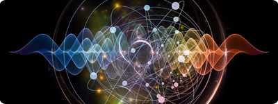 Abstract concept of atom and quantum waves illustrated with fractal elements.
