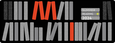Illustration of a bookshelf with mostly gray book spines against a black background. In the middle, eight red book spines are stacked to look like they spell “MIT.” Three other books say “Summer reading 2024.”