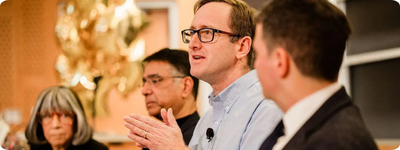 From left to right, MIT panelists Susan Silbey, Amitava “Babi” Mitra, Adam Martin, and Chris Capozzola share their perspectives of the strengths and challenges of an MIT education. Photo: Chris McIntosh