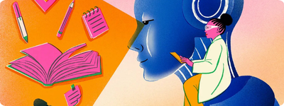 an illustration of a woman sitting on the shoulder of a blue robot, who is holding a book, notepad, and pens in its hands