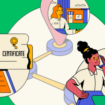 Illustration of a connection among certificate, woman on mobile phone and female employer