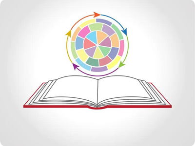 Illustration of an open book. A circle of interconnected arrows hovers above the book, encompassing different shapes and colors.