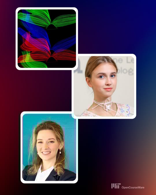 Illustration of open books in green, blue, and pink on a black background, Sofiia Lipkevych, and Ana Trisovic